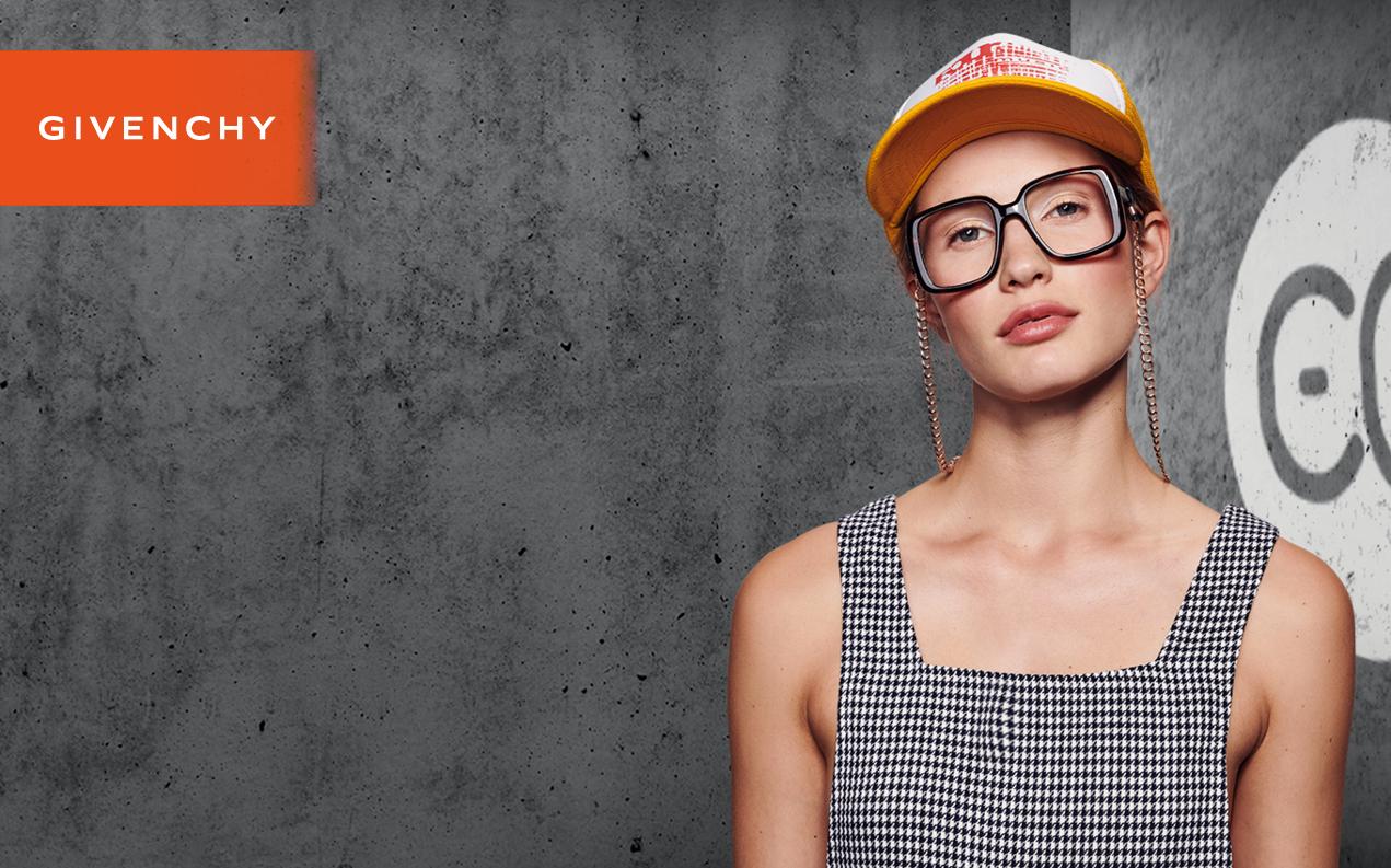 Female model wearing Givenchy women's square glasses